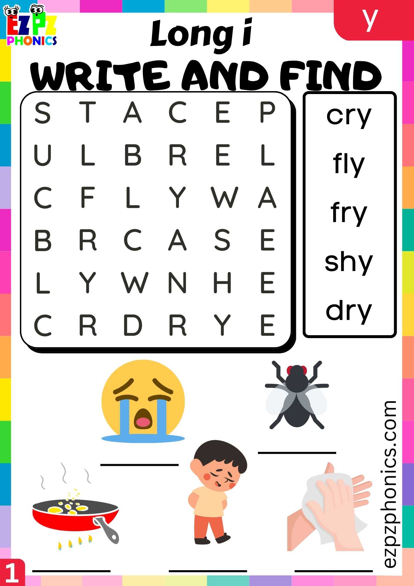 Y Words Write And Find Long I Phonics Worksheet
